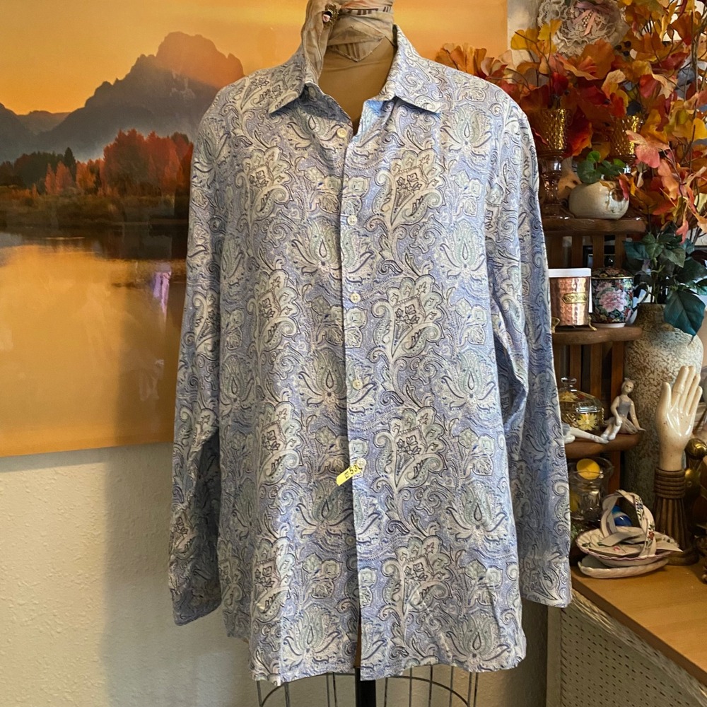 Men's 100% Linen Shirt Coastal Beach Paisley XL Blue Long Sleeve Taso Elba - Picture 2 of 6